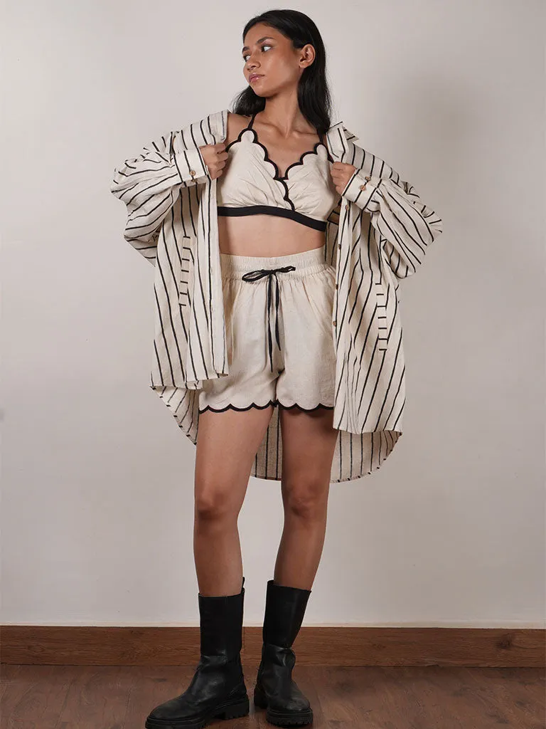 Oatmeal Oversized Striped Shirt Set