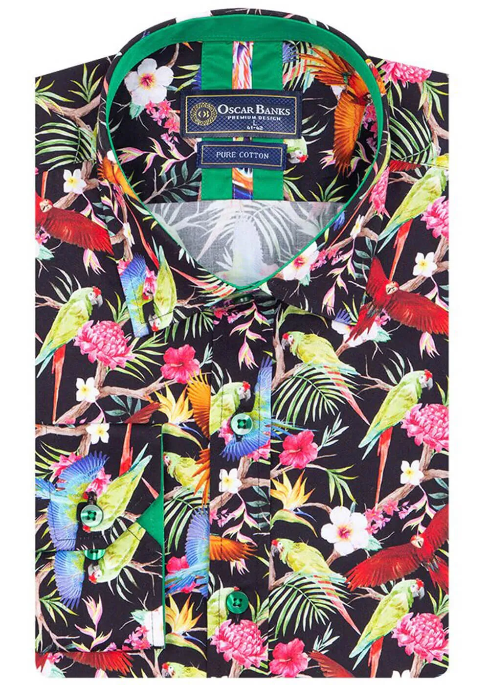 Oscar Banks Mens Parrot Jungle Shirt Black