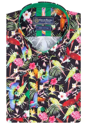 Oscar Banks Mens Parrot Jungle Shirt Black