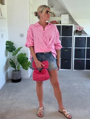Pink Bow Oversized Cheesecloth Shirt