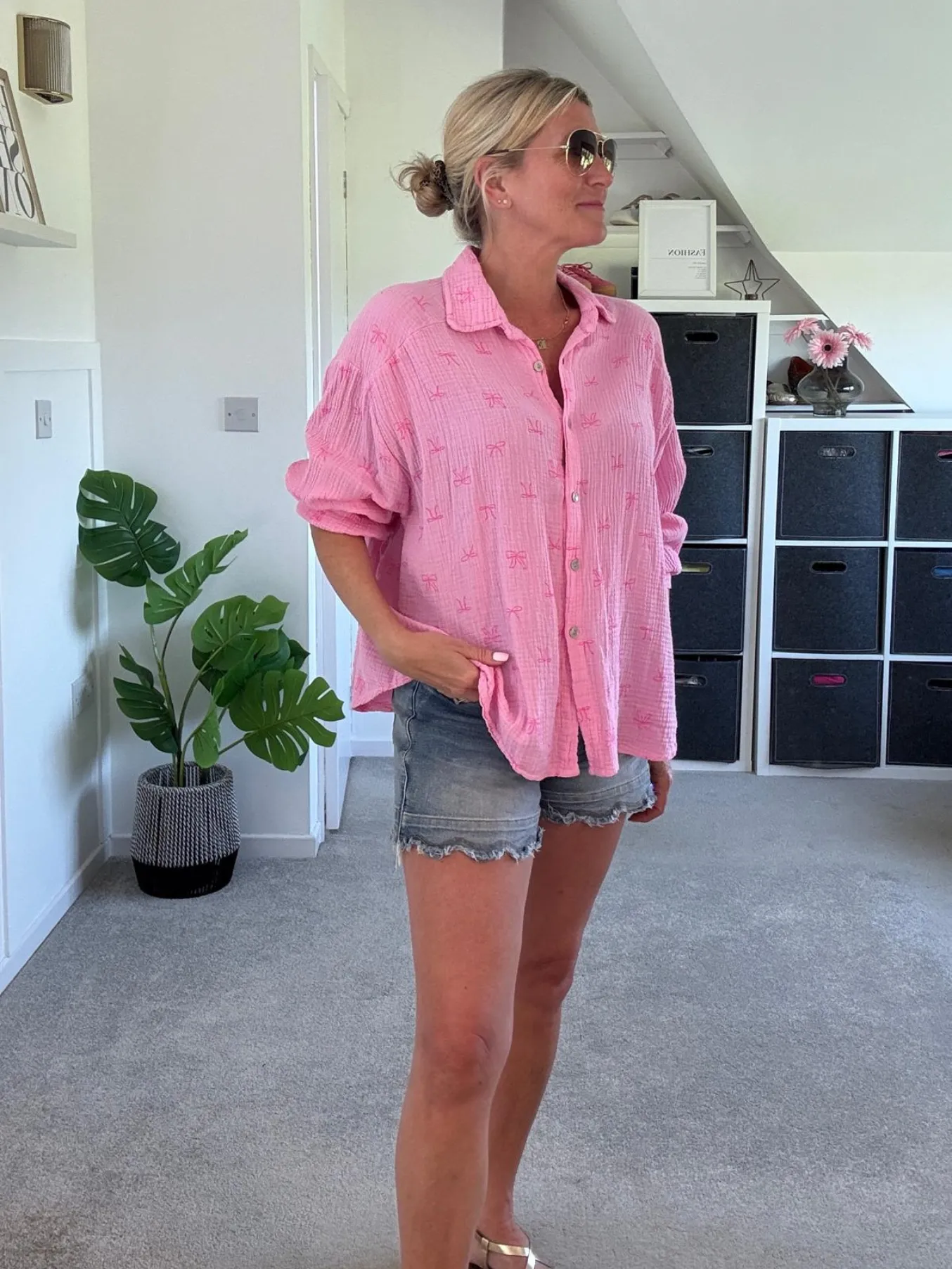 Pink Bow Oversized Cheesecloth Shirt