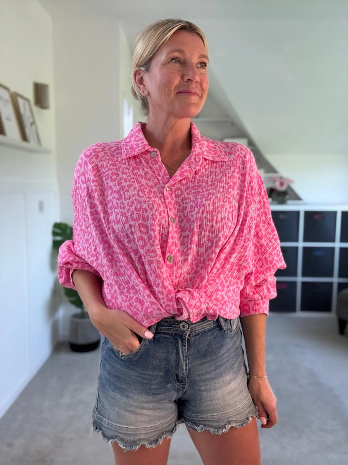 Pink Bow Oversized Cheesecloth Shirt