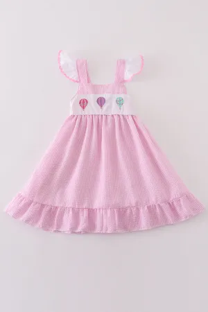 Pink Seersucker Hot Air Balloon Embroidery Dress