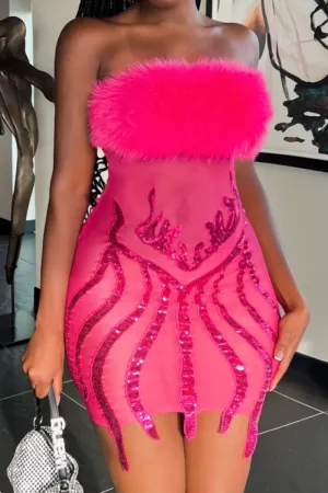 PINK SPARKLE FURRY MINI | DRESS