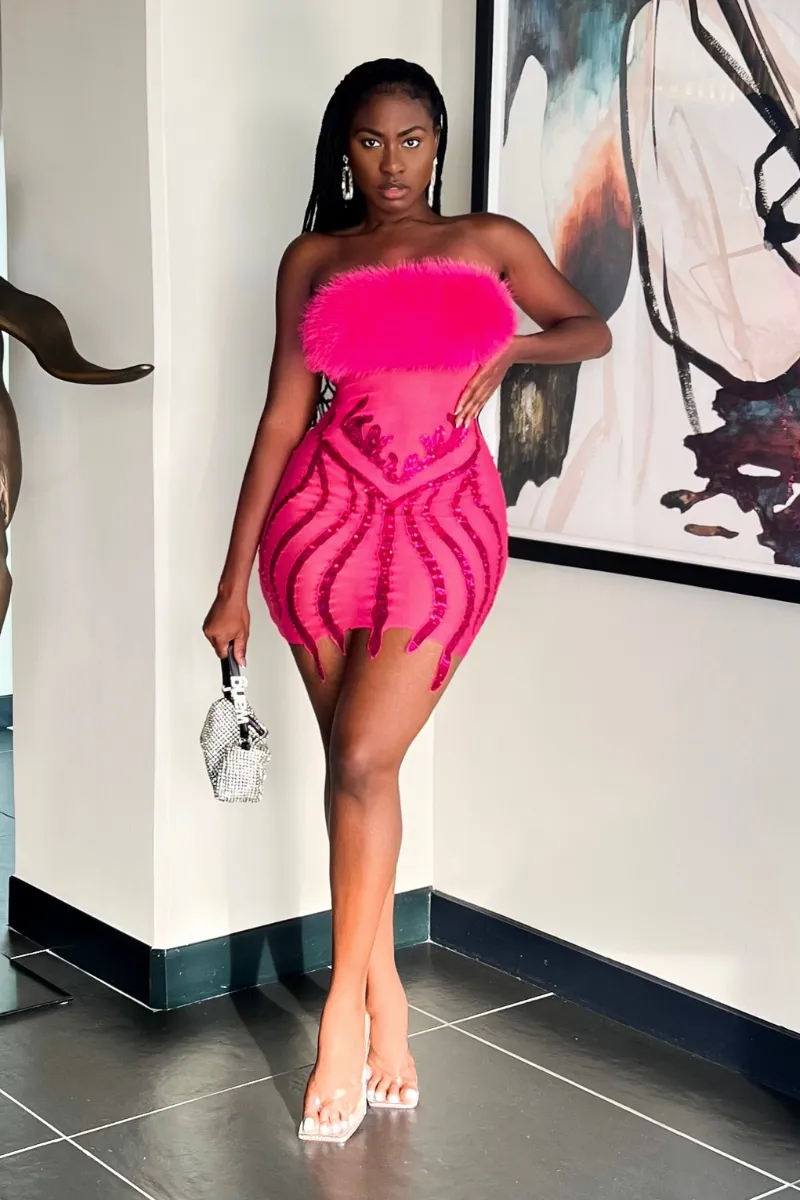 PINK SPARKLE FURRY MINI | DRESS