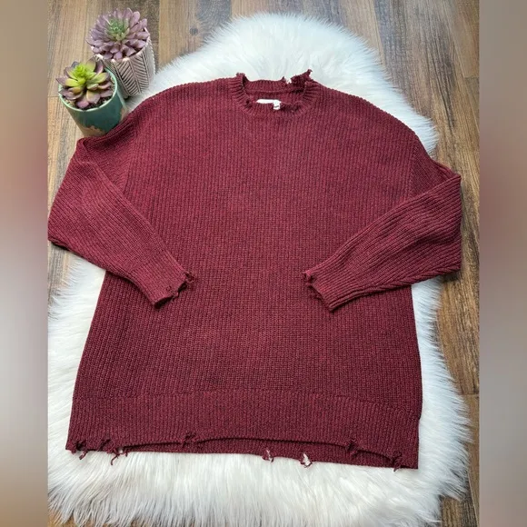 Pistola Eva Distressed Cotton Crew Neck Pullover Sweater in Cherry Black Marl