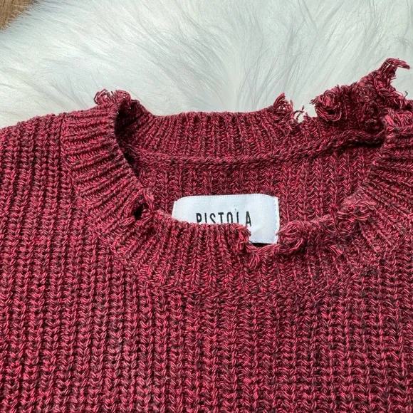 Pistola Eva Distressed Cotton Crew Neck Pullover Sweater in Cherry Black Marl