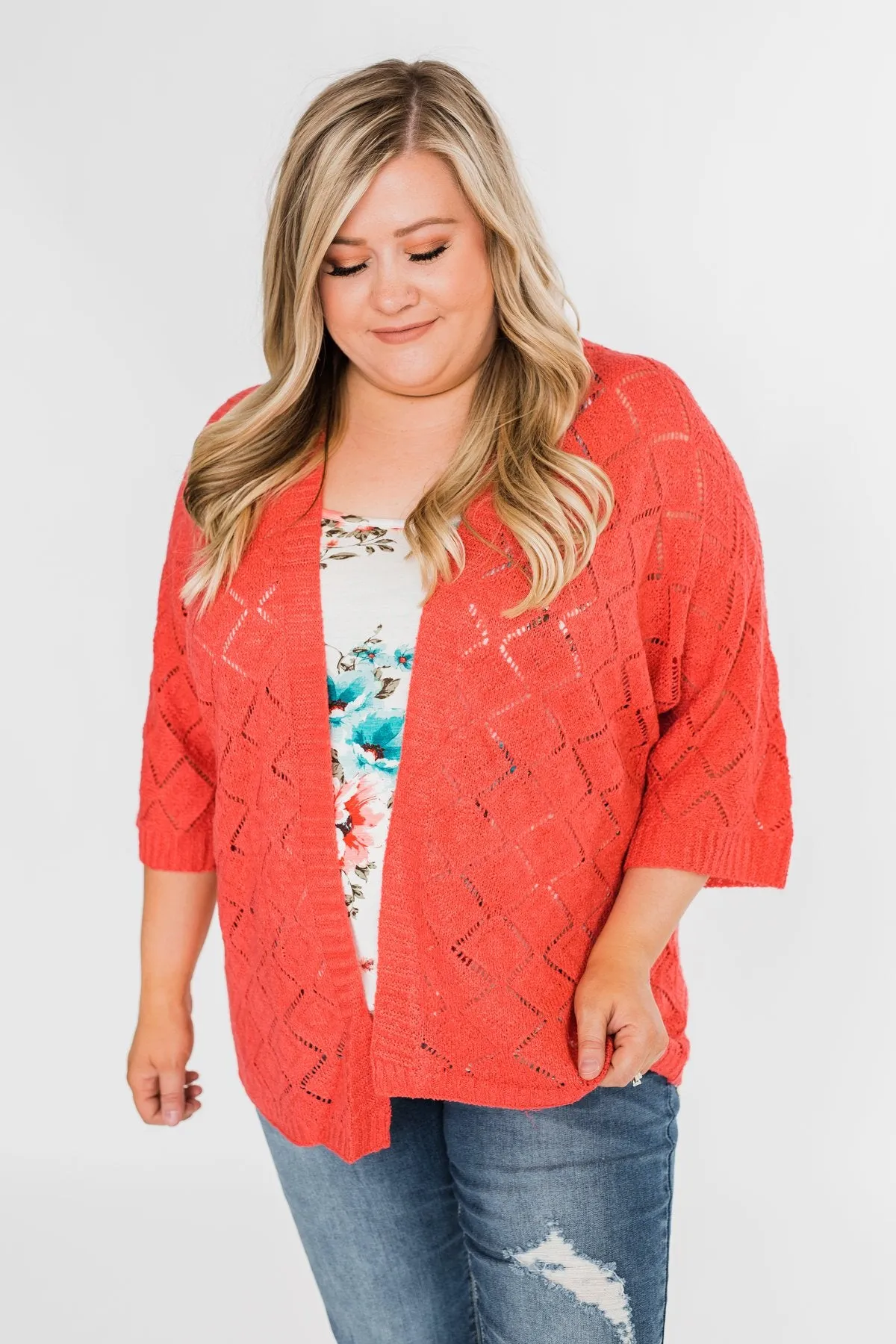 Pointtelle 3/4 Sleeve Cardigan- Coral