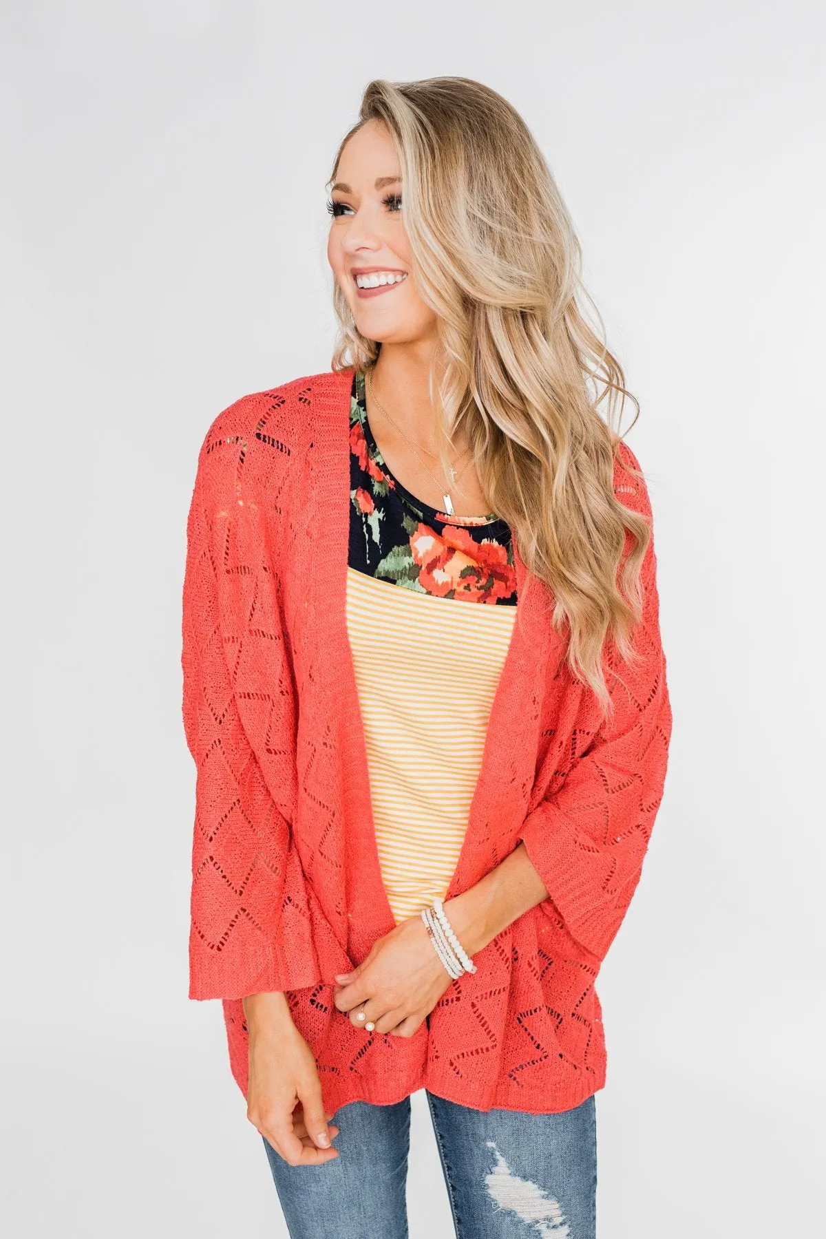 Pointtelle 3/4 Sleeve Cardigan- Coral