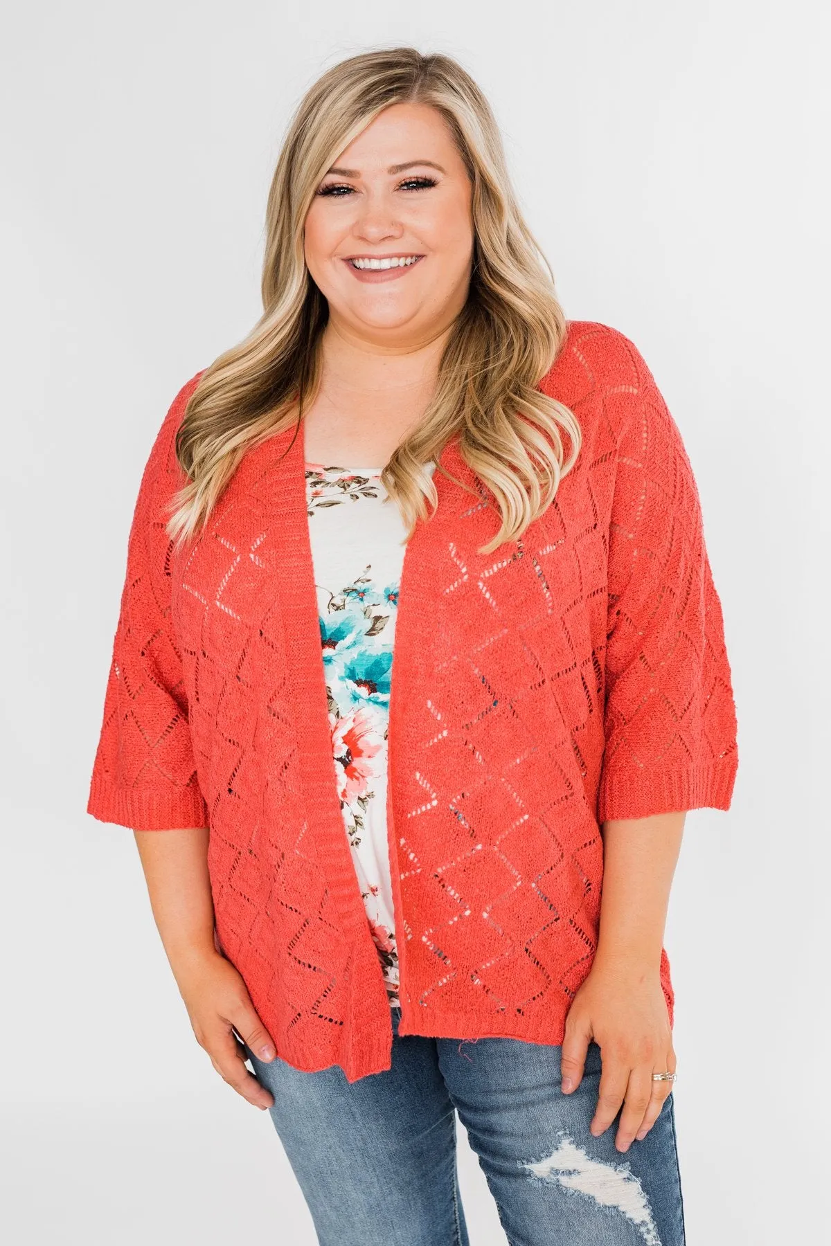 Pointtelle 3/4 Sleeve Cardigan- Coral