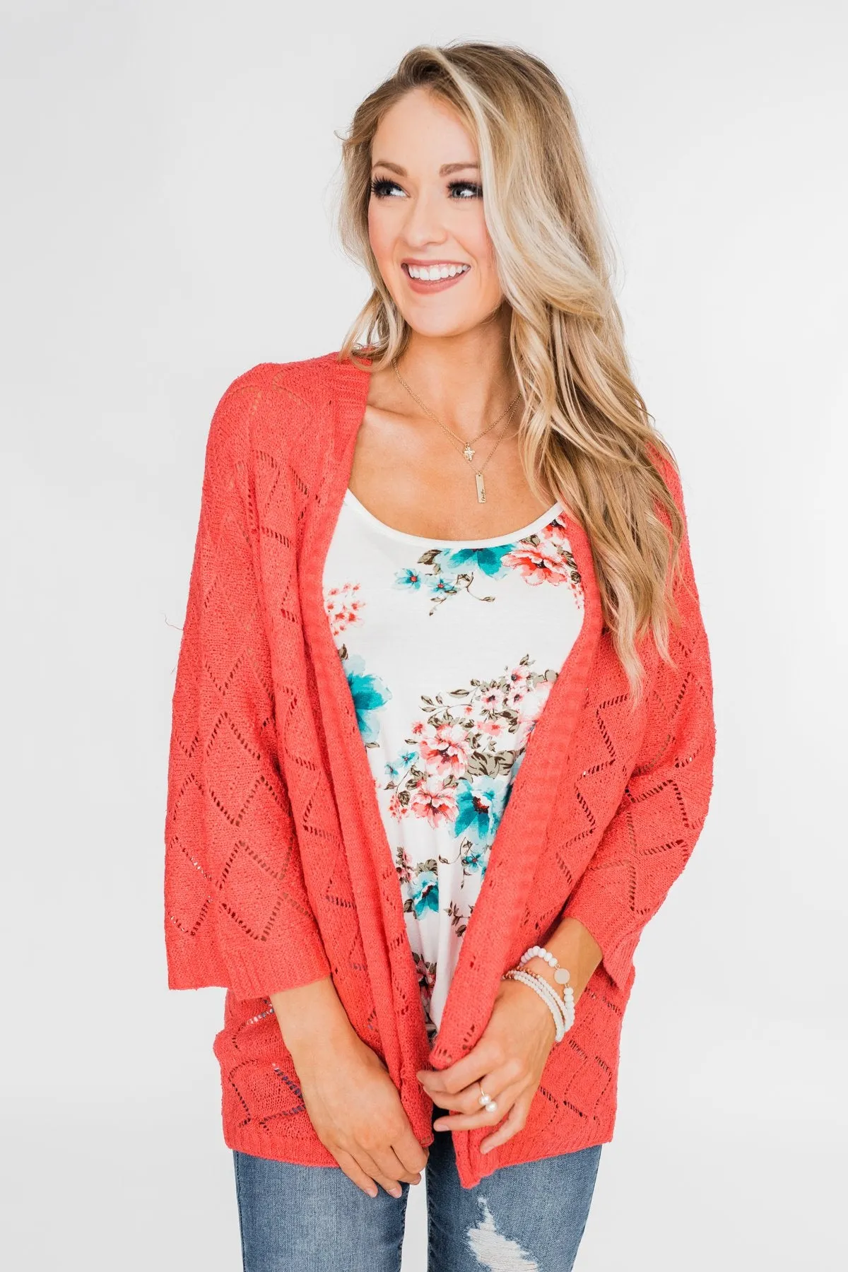 Pointtelle 3/4 Sleeve Cardigan- Coral
