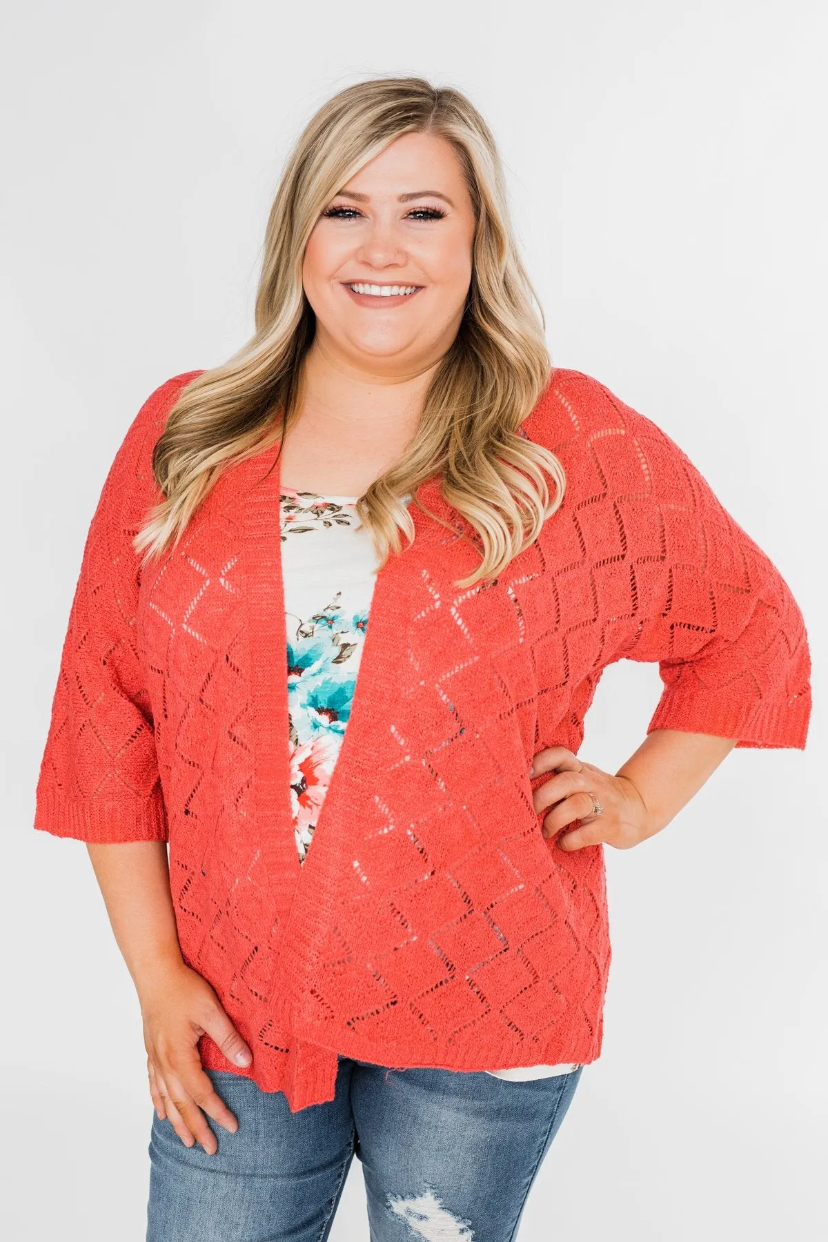 Pointtelle 3/4 Sleeve Cardigan- Coral
