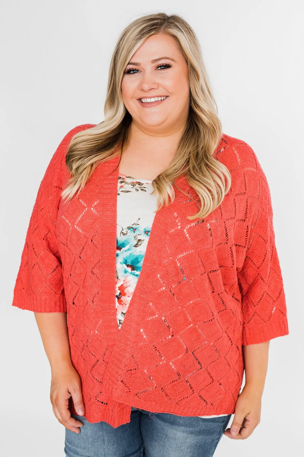 Pointtelle 3/4 Sleeve Cardigan- Coral