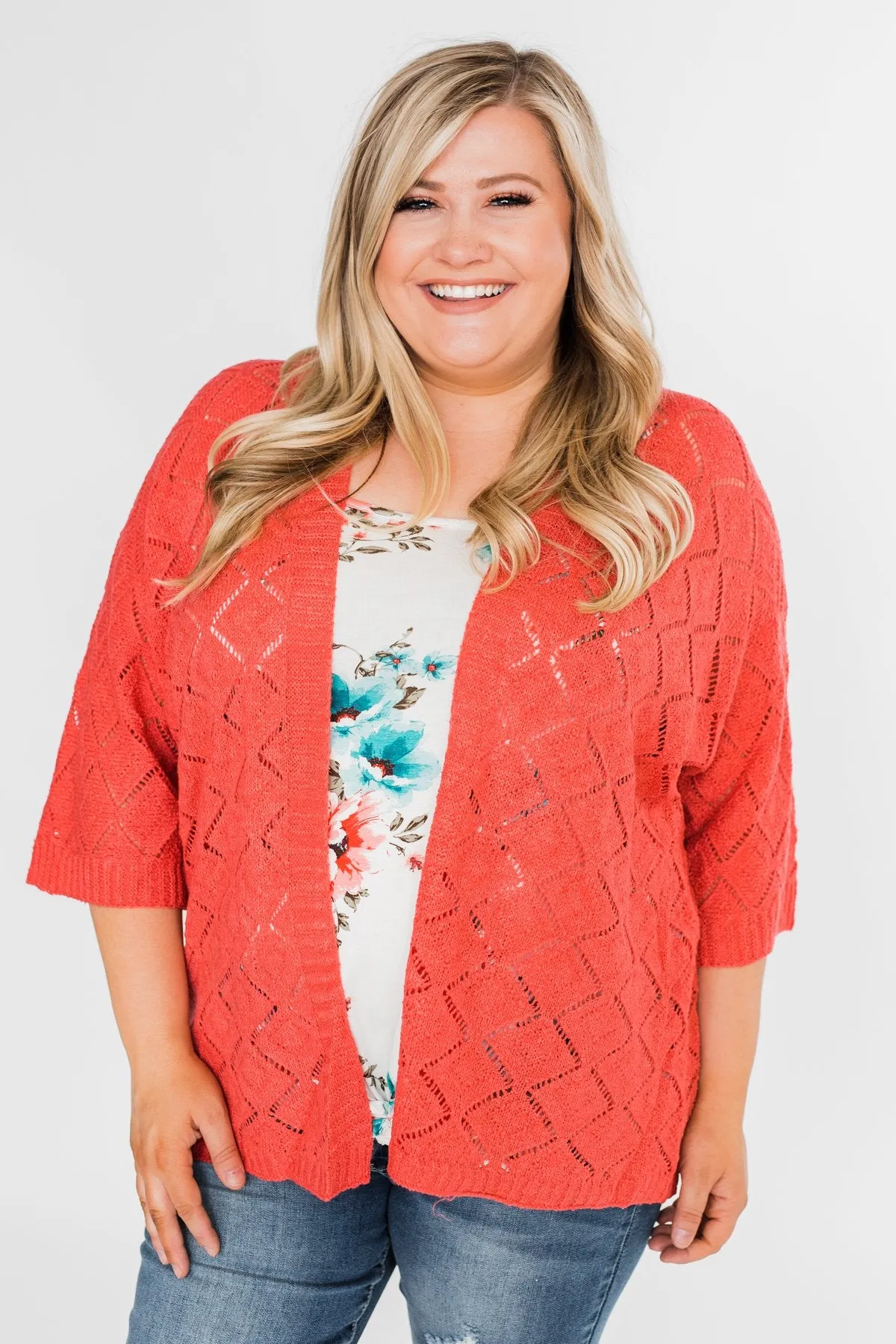 Pointtelle 3/4 Sleeve Cardigan- Coral