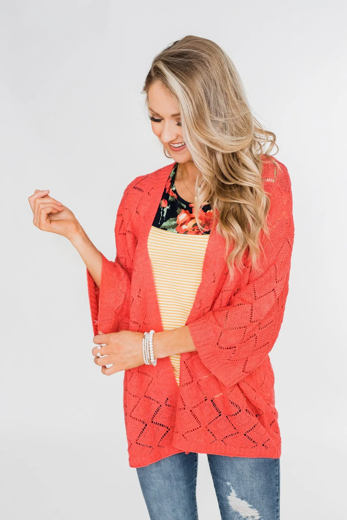 Pointtelle 3/4 Sleeve Cardigan- Coral