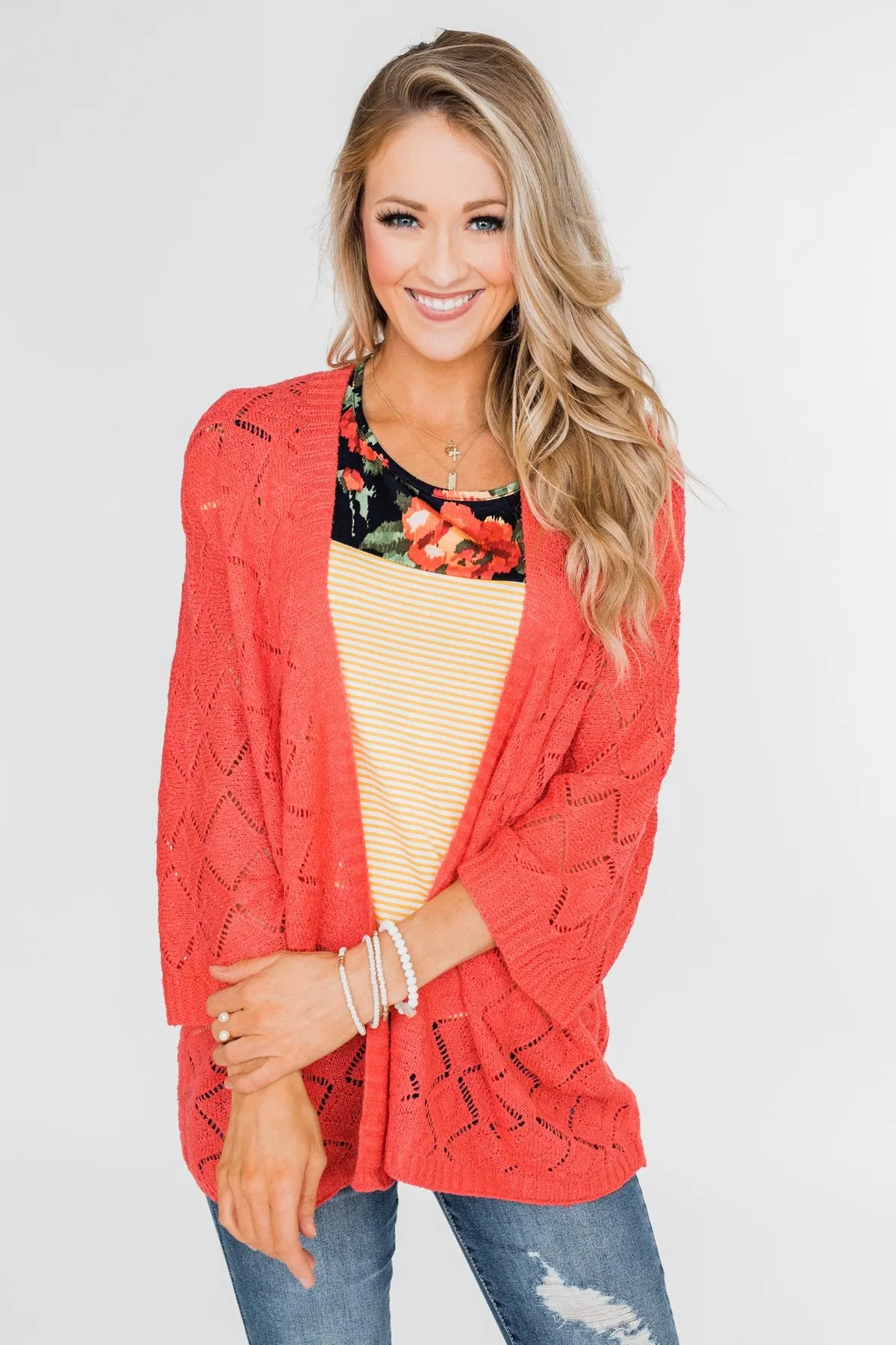 Pointtelle 3/4 Sleeve Cardigan- Coral