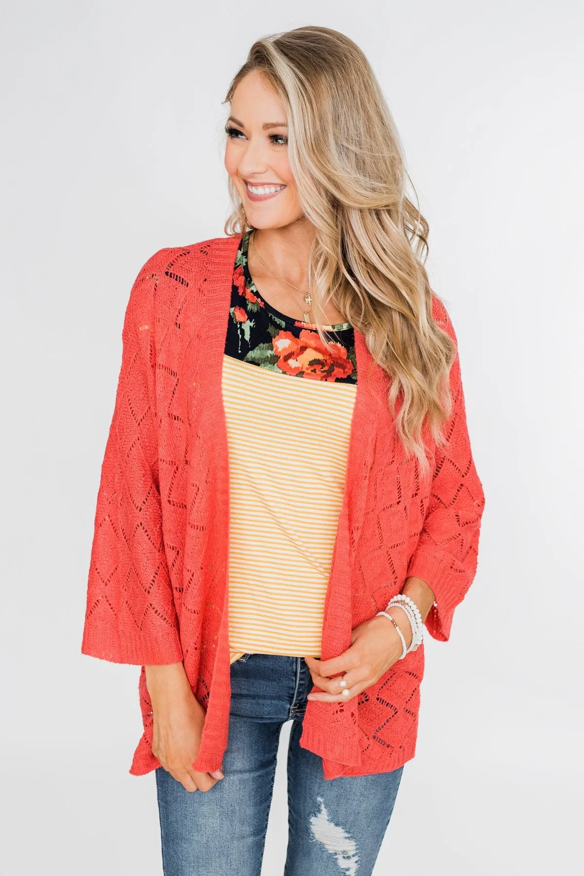 Pointtelle 3/4 Sleeve Cardigan- Coral