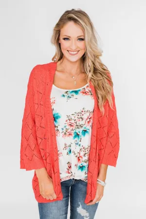 Pointtelle 3/4 Sleeve Cardigan- Coral