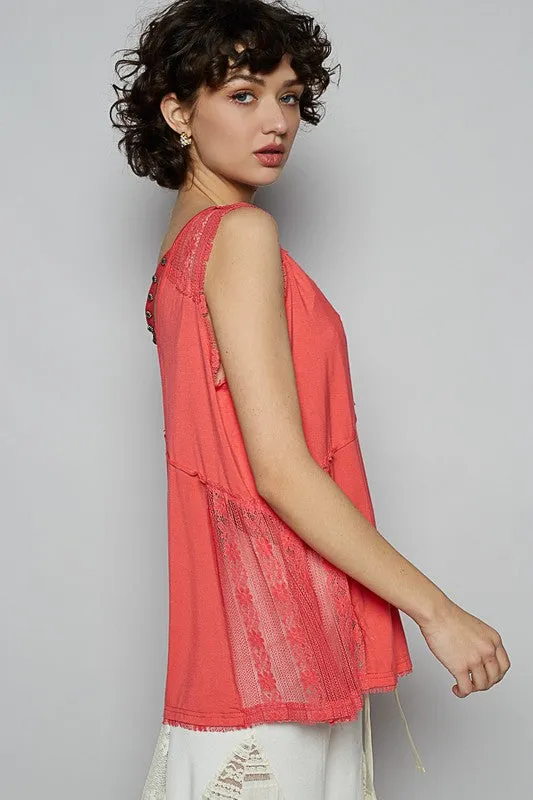 POL Lace Detail Studded Crisscross Back V-Neck Sleeveless Top