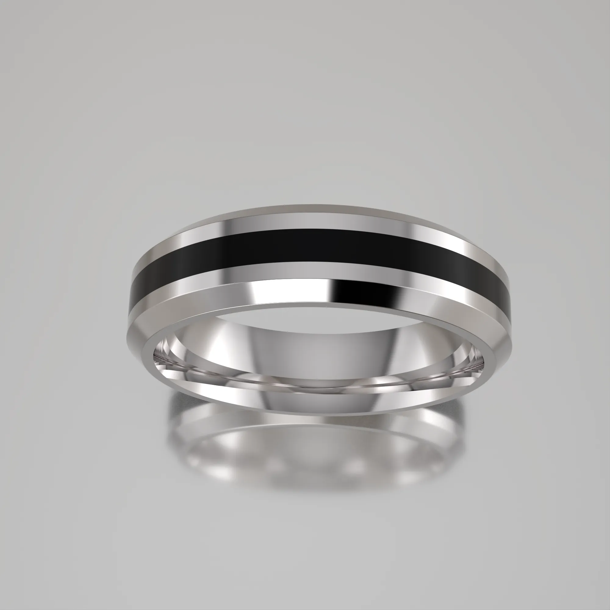 Polished Argentium Silver 6mm Beveled Edge 2mm Black Resin Band Ring