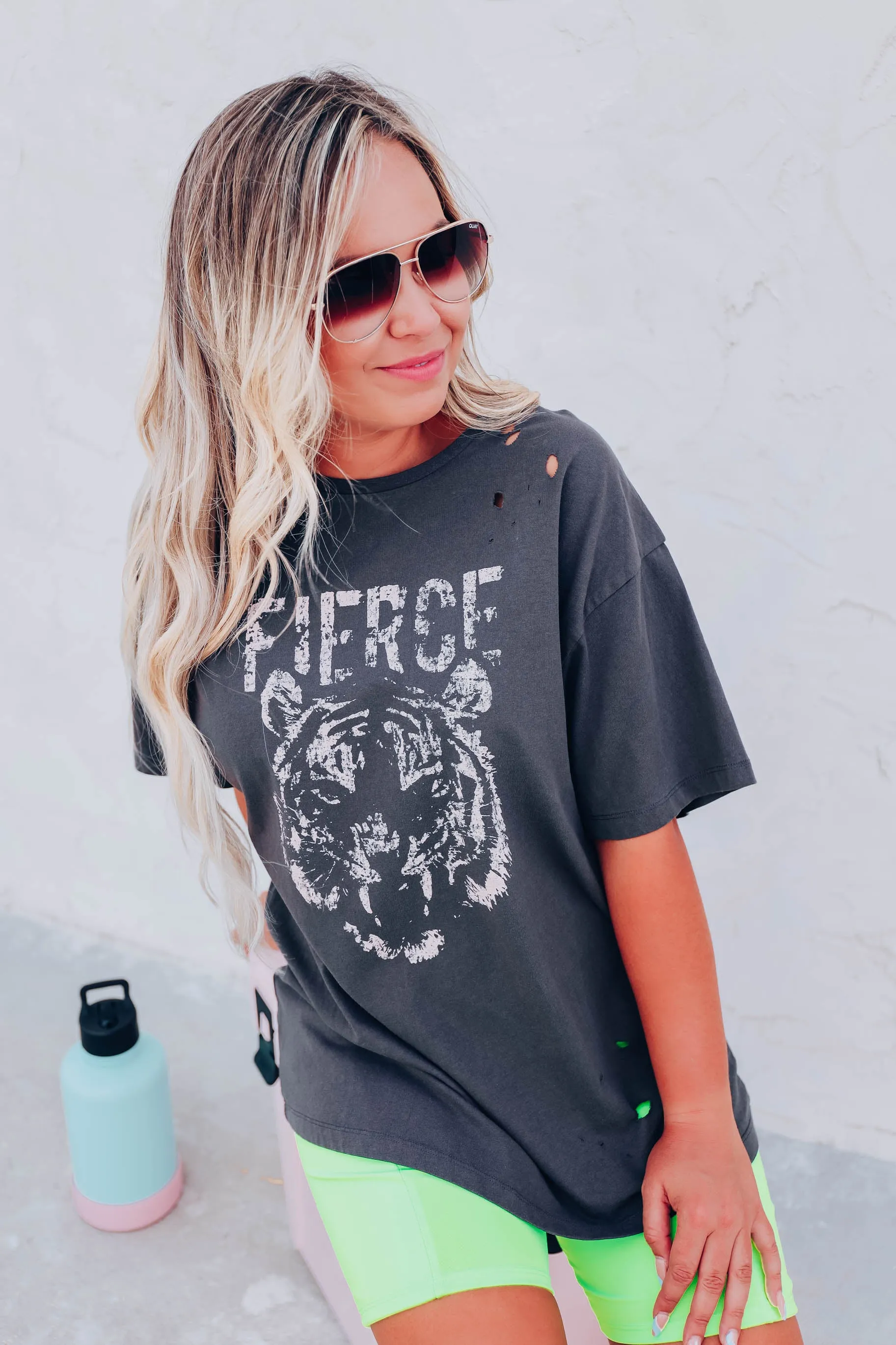 "Fierce" Distressed Graphic Tee - Charcoal