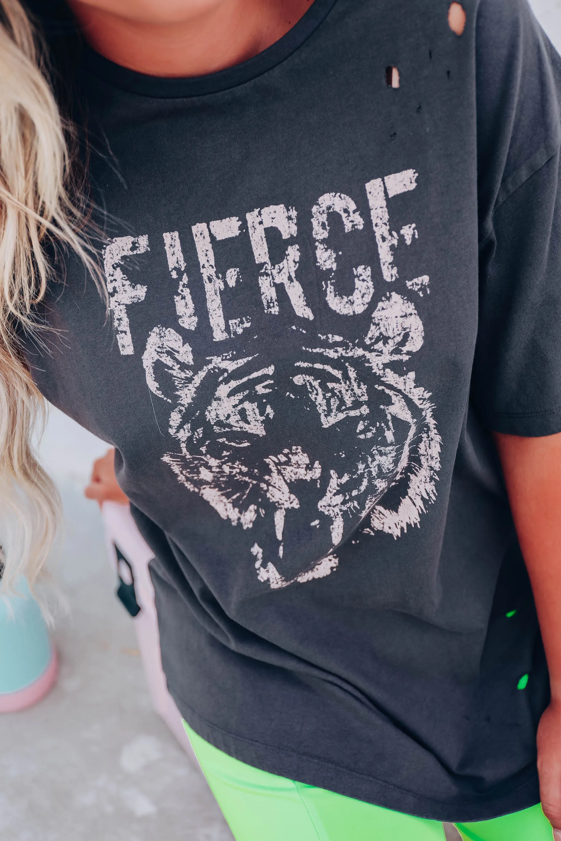 "Fierce" Distressed Graphic Tee - Charcoal