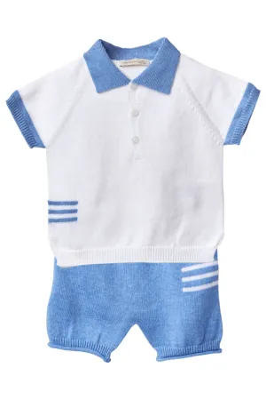 "Rowan" Royal Blue Striped Knitted Polo Shirt & Shorts