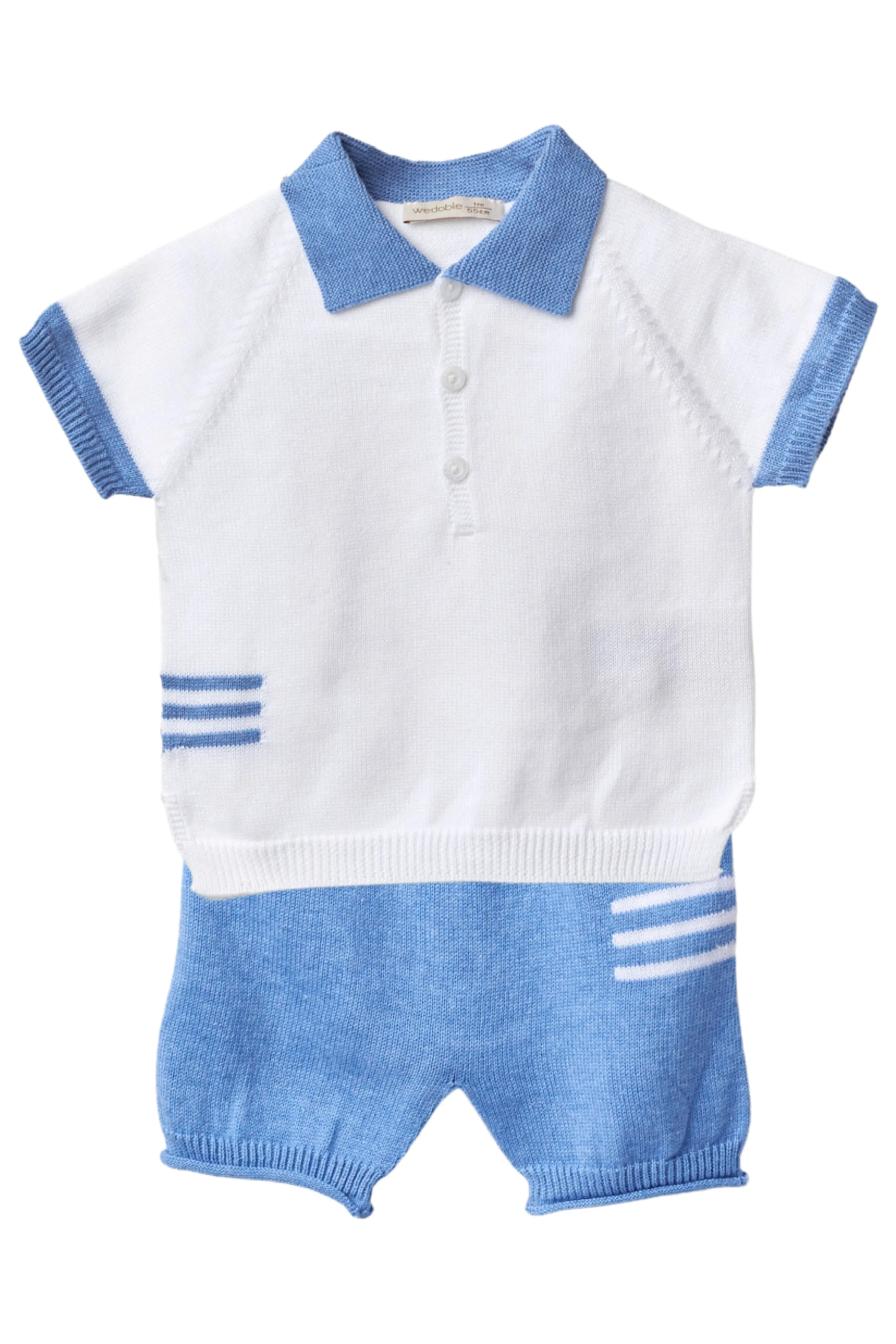 "Rowan" Royal Blue Striped Knitted Polo Shirt & Shorts