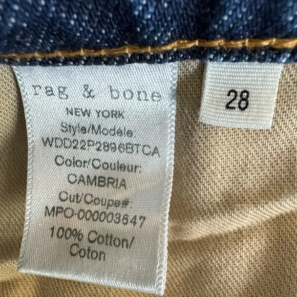 Rag &amp; Bone High Rise Straight Leg Ankle Women’s Blue Jeans Sz 28 Made In USA EUC