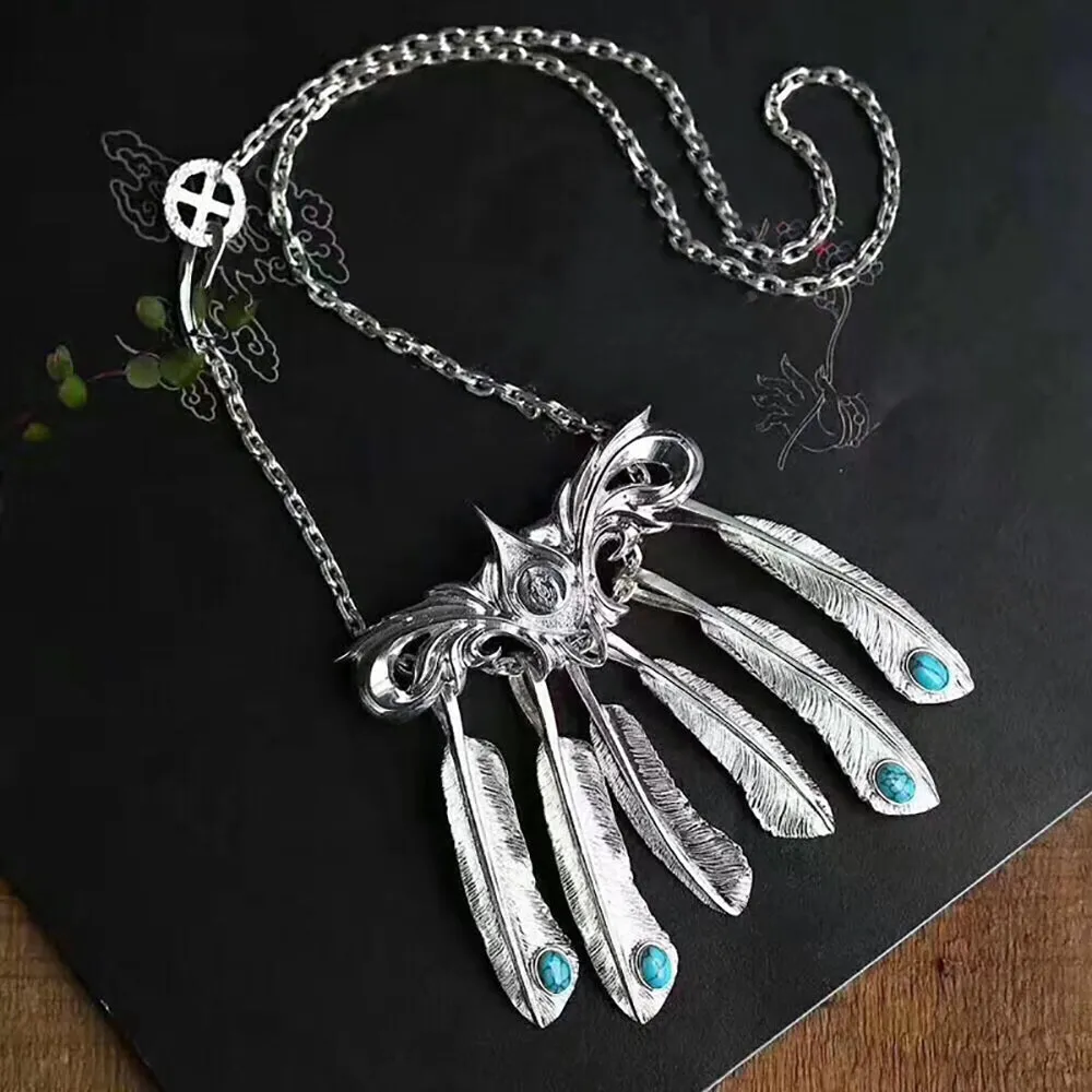 Real Solid 925 Sterling Silver Turquoise Necklace Pendant Feather Tassel Punk Hip Hop Jewelry 22"-30"