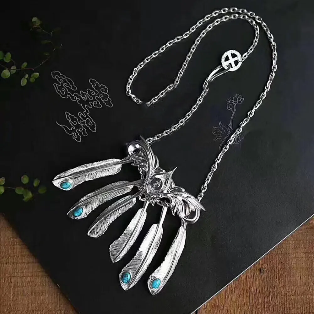 Real Solid 925 Sterling Silver Turquoise Necklace Pendant Feather Tassel Punk Hip Hop Jewelry 22"-30"