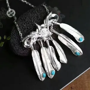 Real Solid 925 Sterling Silver Turquoise Necklace Pendant Feather Tassel Punk Hip Hop Jewelry 22"-30"
