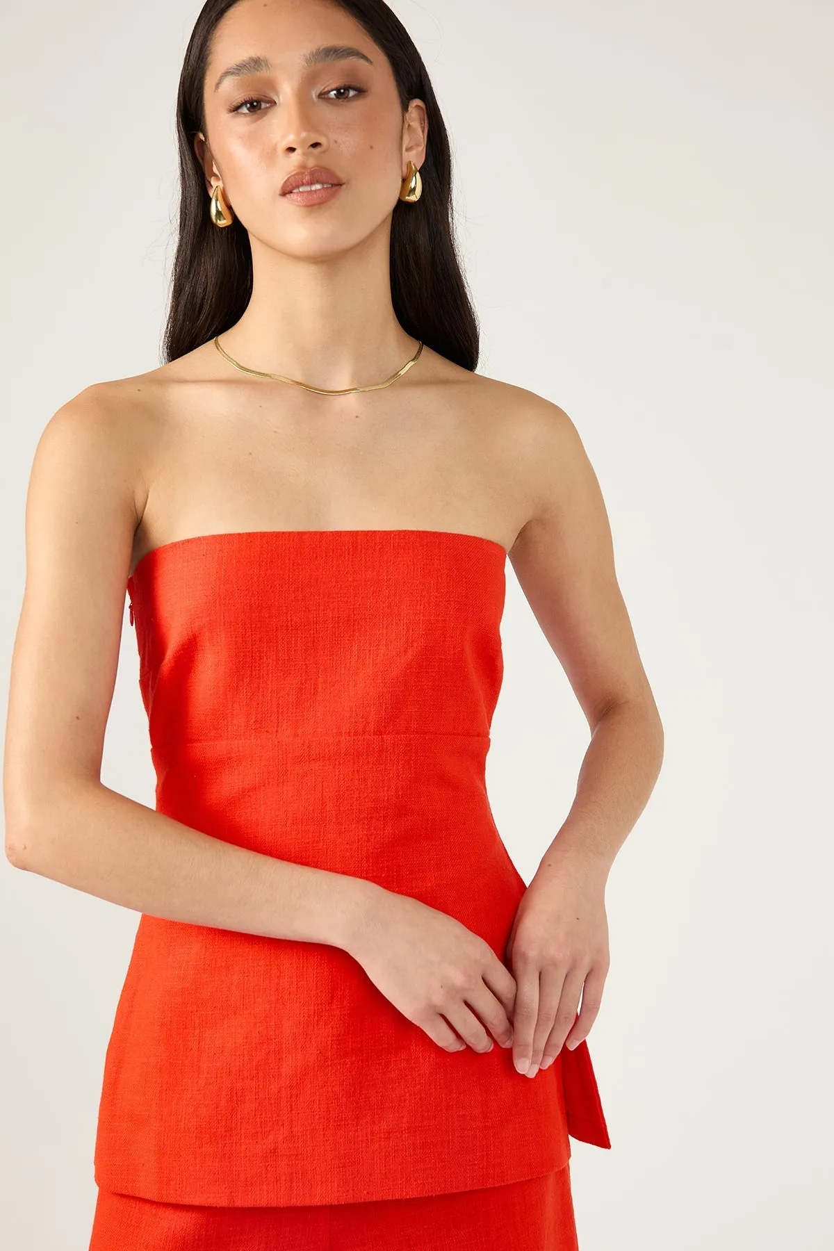 Red Strapless Linen Top