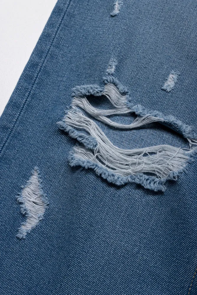 Ripped Straight Leg Denim Jeans Blue