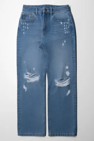 Ripped Straight Leg Denim Jeans Blue