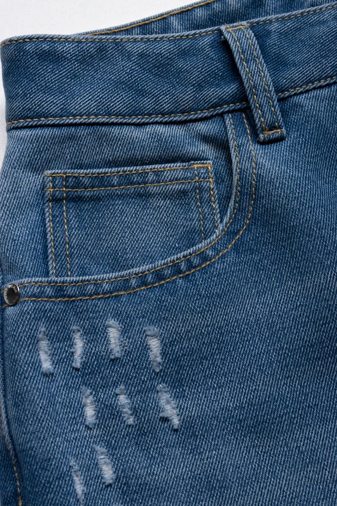 Ripped Straight Leg Denim Jeans Blue