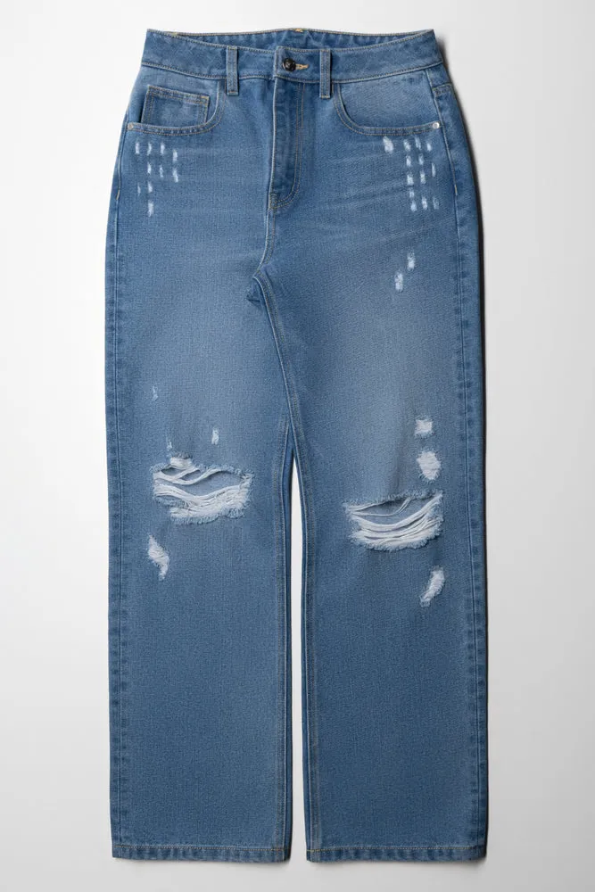 Ripped Straight Leg Denim Jeans Blue