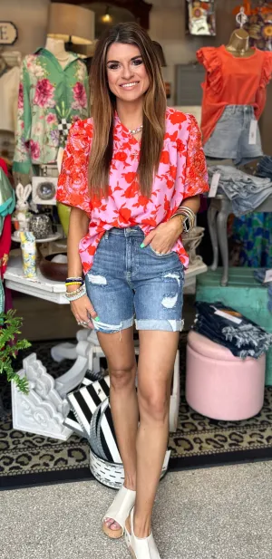 Risen Mid-Length Denim Shorts