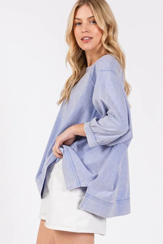 SAGE   FIG Mineral Washed Side Slit Round Neck Sweatshirt