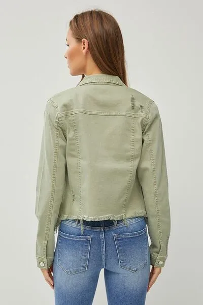 Sage Green Raw Hem Button Up Cropped Denim Jacket Plus Size