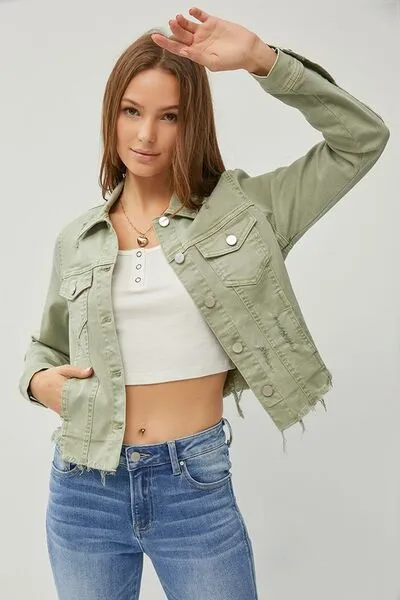 Sage Green Raw Hem Button Up Cropped Denim Jacket Plus Size