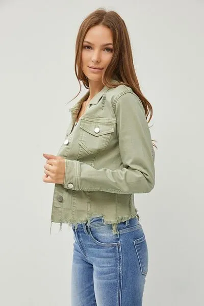 Sage Green Raw Hem Button Up Cropped Denim Jacket Plus Size