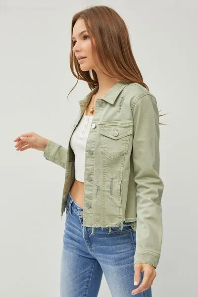 Sage Green Raw Hem Button Up Cropped Denim Jacket Plus Size