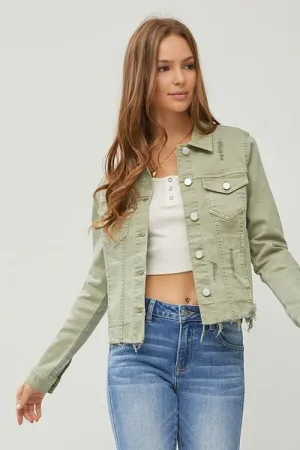 Sage Green Raw Hem Button Up Cropped Denim Jacket Plus Size