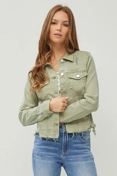 Sage Green Raw Hem Button Up Cropped Denim Jacket Plus Size