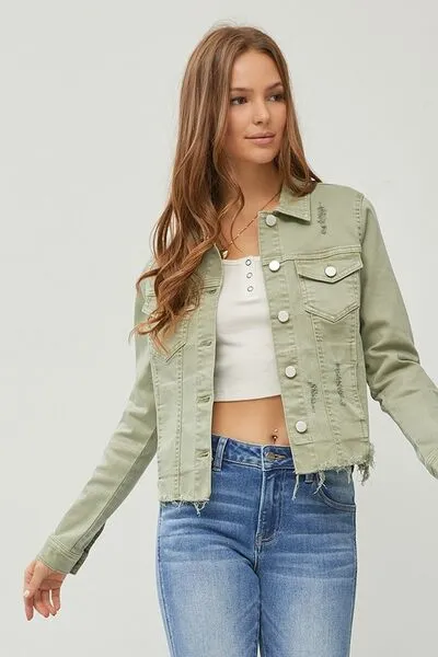 Sage Green Raw Hem Button Up Cropped Denim Jacket Plus Size
