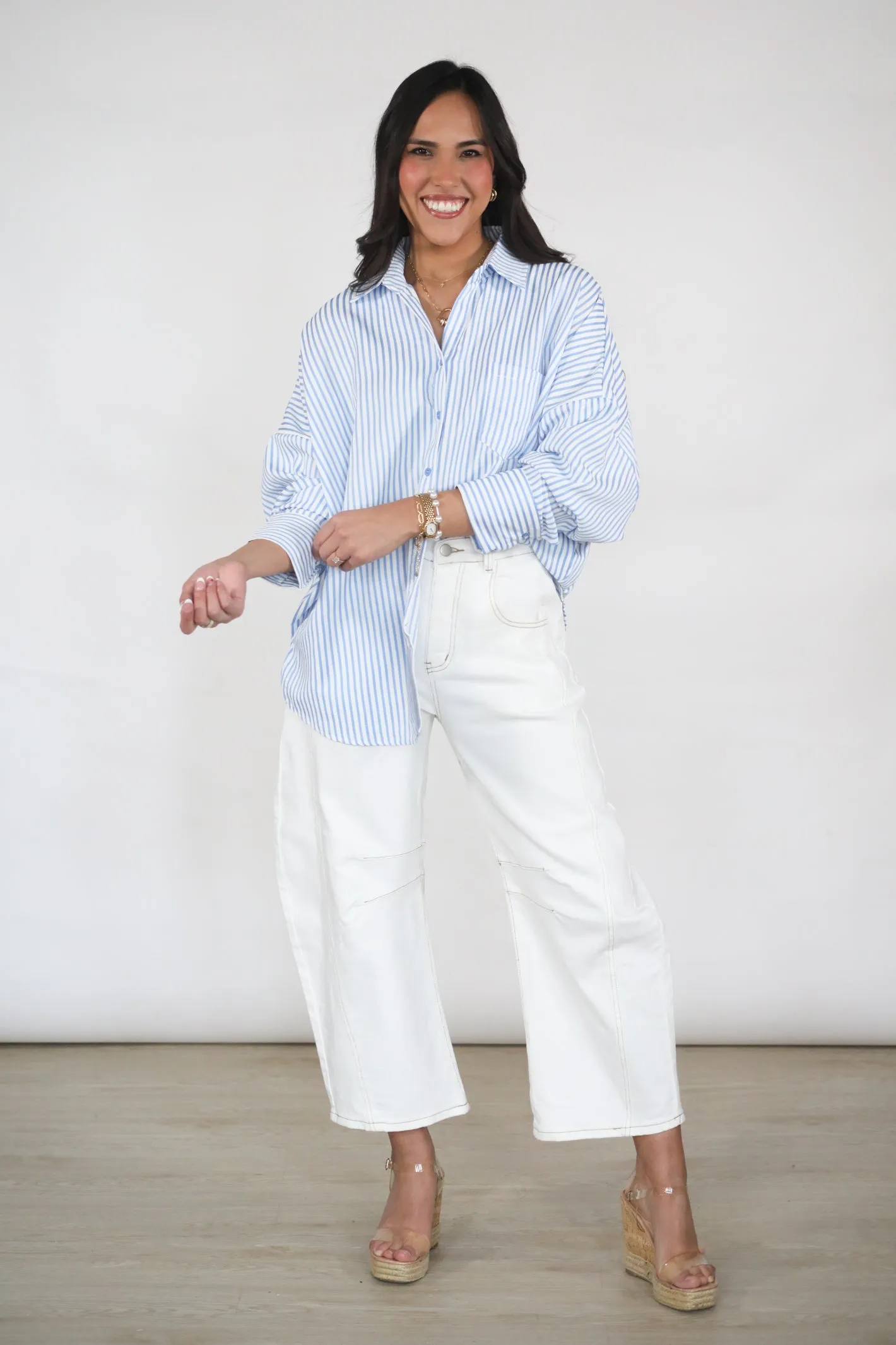 Seaside Stroll Blue Striped Button Top