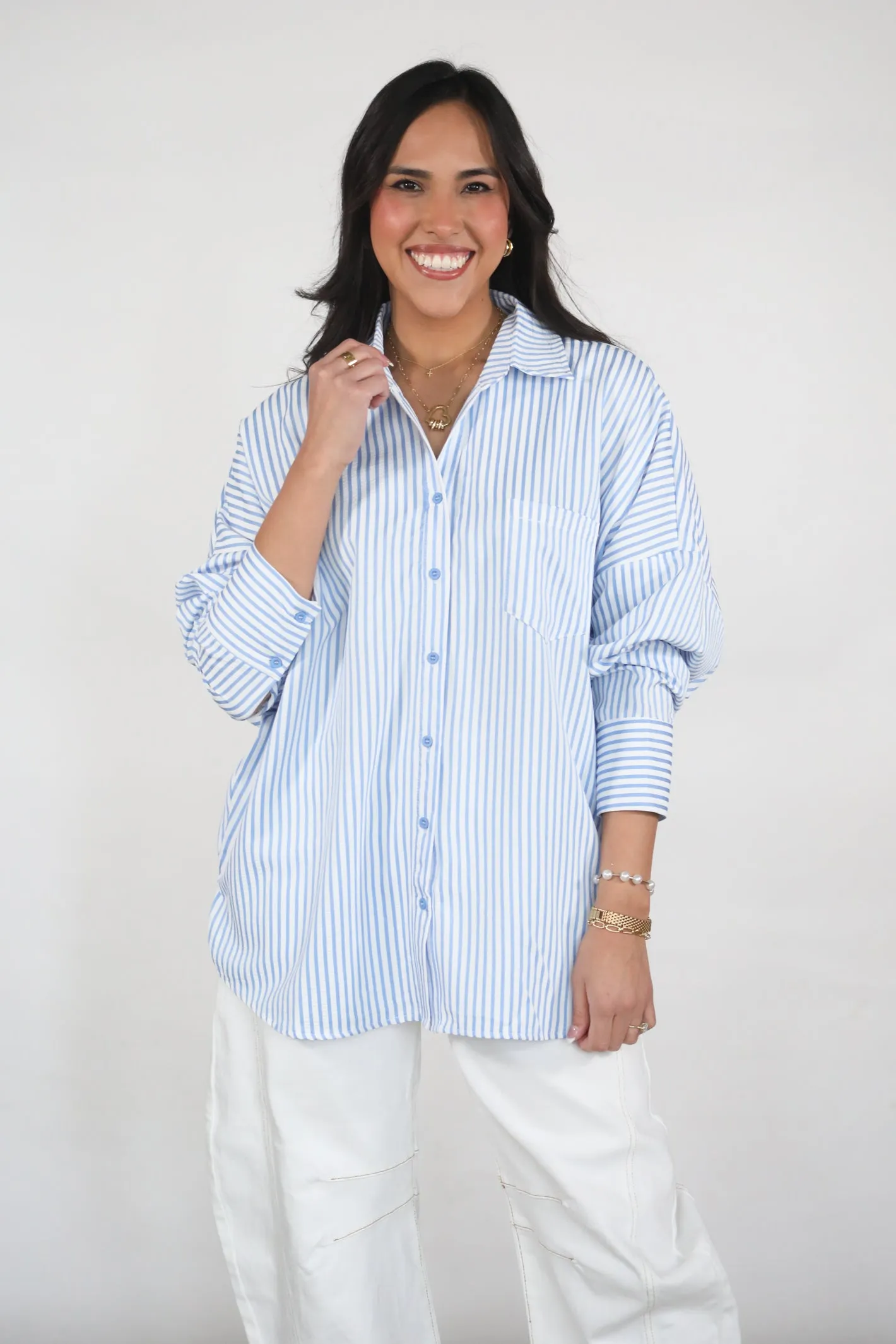 Seaside Stroll Blue Striped Button Top