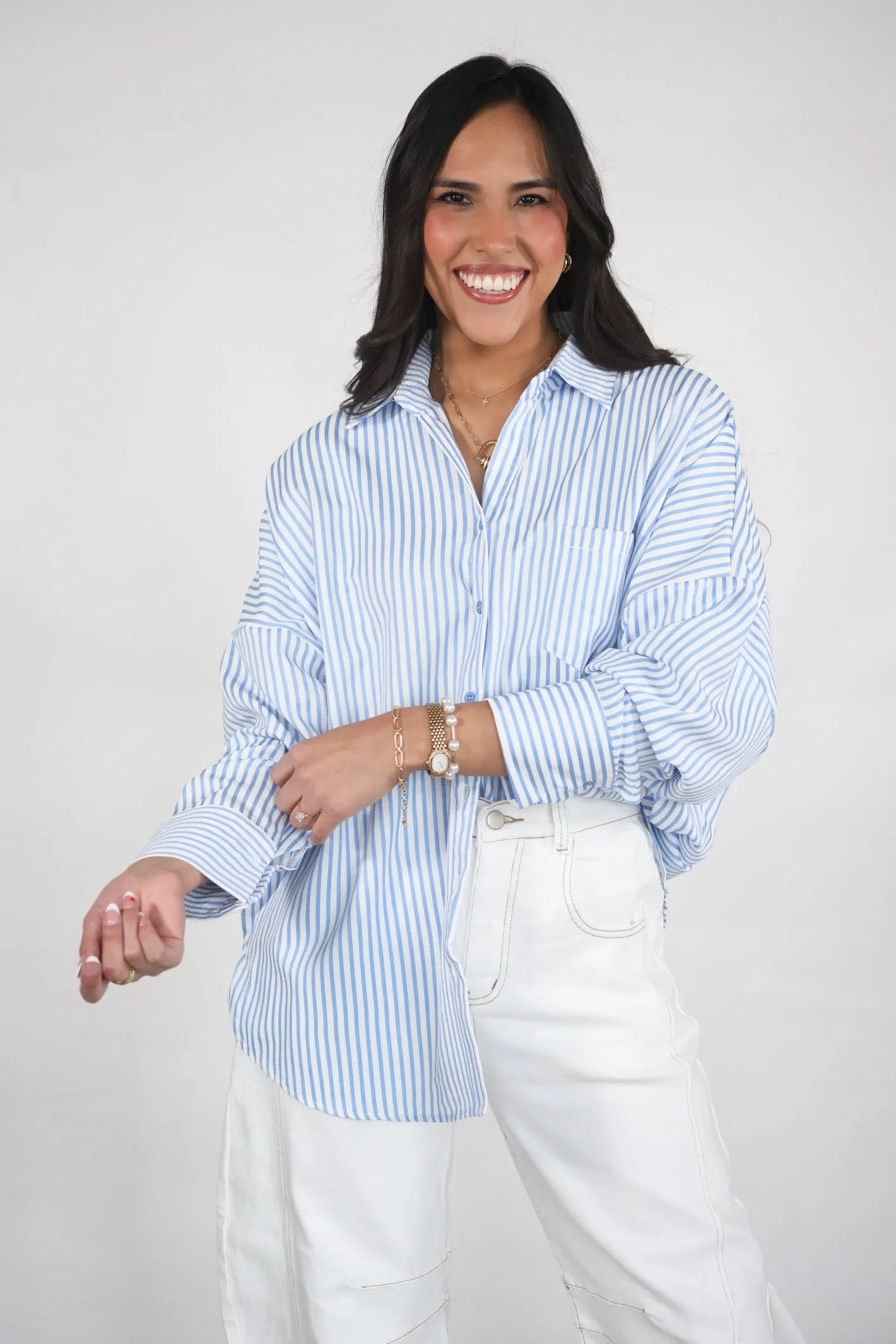 Seaside Stroll Blue Striped Button Top