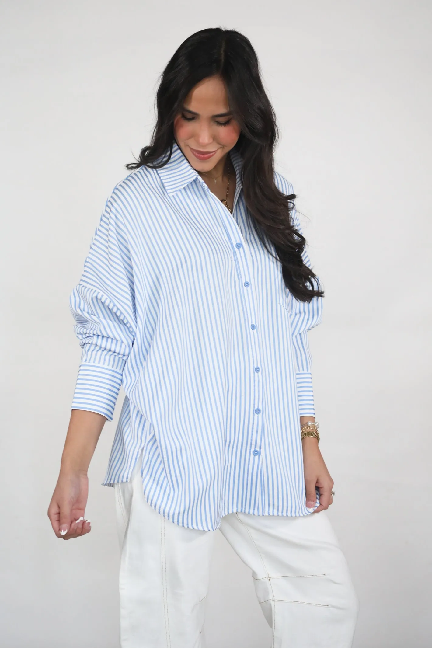 Seaside Stroll Blue Striped Button Top